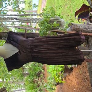 Magazine Brown 100% Silk Pleated Crochet Trim Fit And Flare Midi Dress Size S